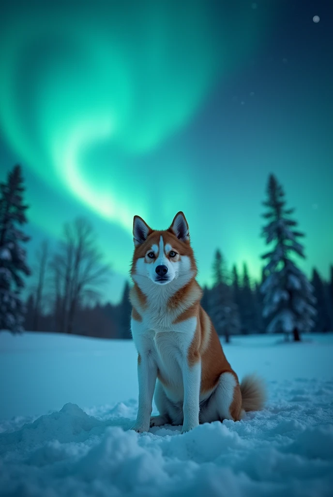 image of snowy landscape at the north pole, beautiful aurora borealis in the night sky, stary night, there is a big and cute Siberian Rusky dog looking at the camera