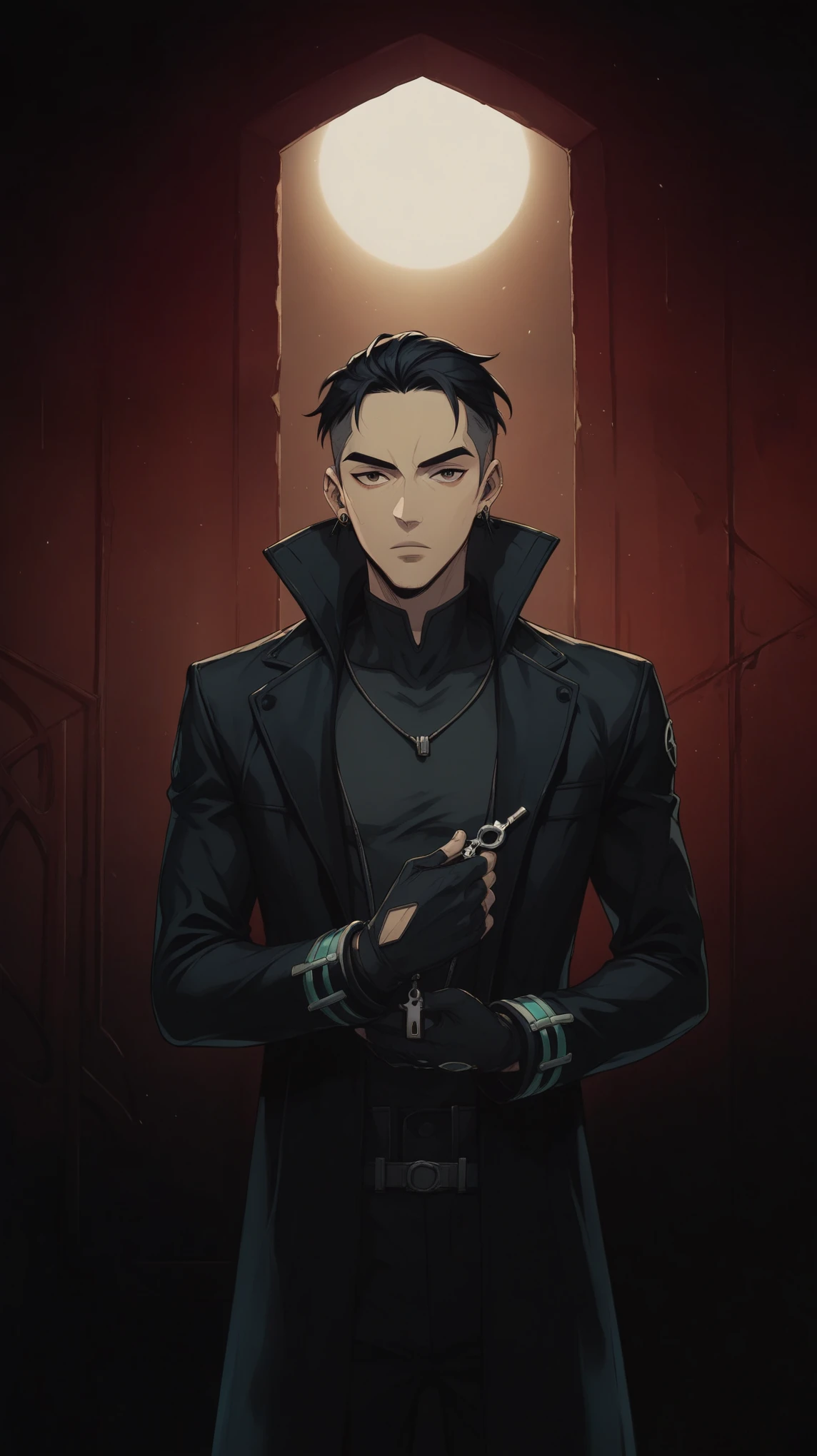 arafed image of a man in a black coat standing in a dark room, handsome guy in art, official character art, key anime art, male anime character, official character illustration, official art, ozymandias, omen from valorant, shigenori soejima illustration