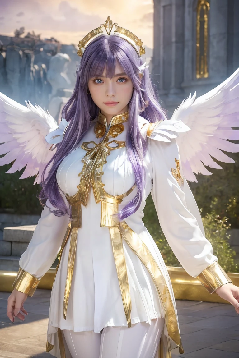 ((masterpiece, Highest quality, Very detailed), Volumetric lighting, Ambient Occlusion, colorful, Shine), 
One girl, alone, Young girl, (Purple Hair), Long Hair, Hello, aura, sacred, goddess, Cleric Suit, (White outfit with gold details:1.3), Angel Wings,
Outdoor, sunset, null, cloud, null間, (Fantasy Theme:1.2),