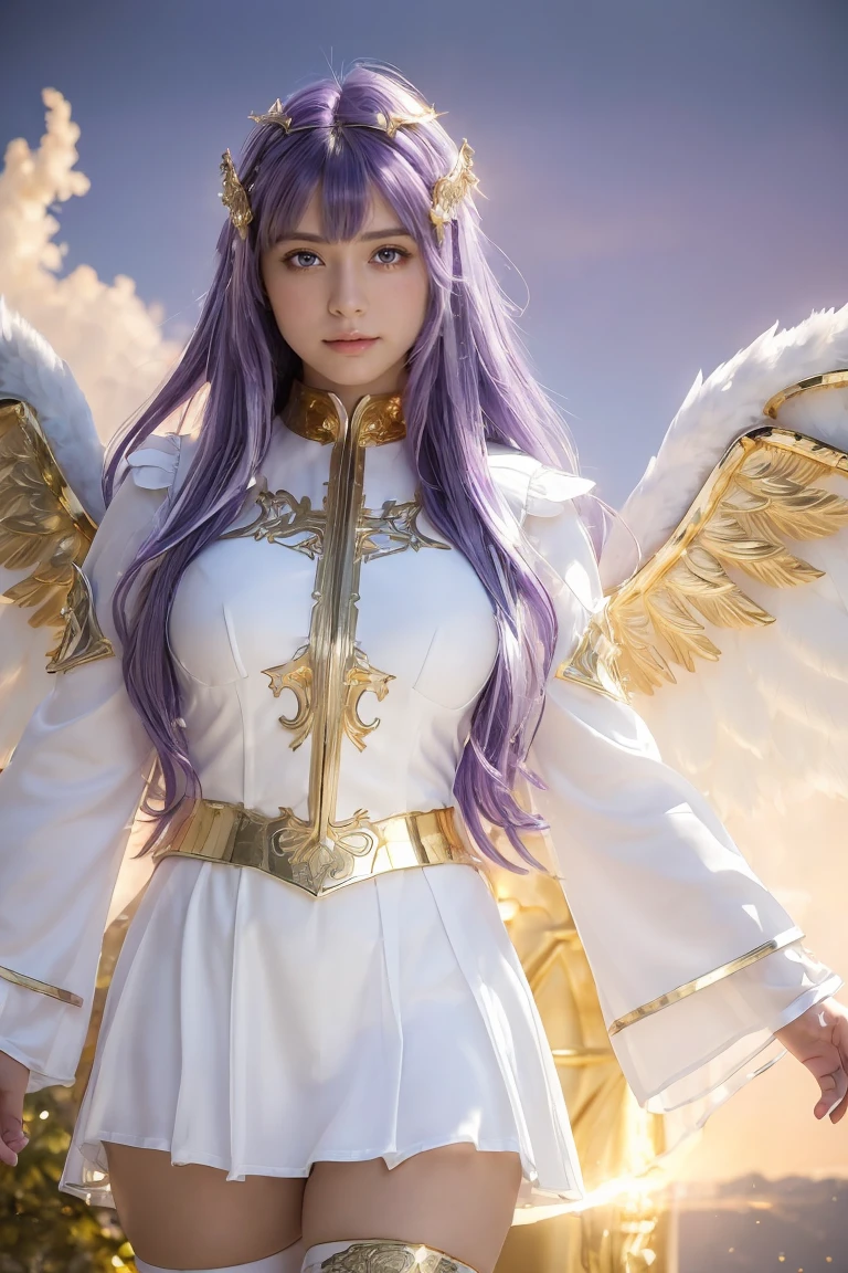 ((masterpiece, Highest quality, Very detailed), Volumetric lighting, Ambient Occlusion, colorful, Shine), 
One girl, alone, Young girl, (Purple Hair), Long Hair, Hello, aura, sacred, goddess, Cleric Suit, (White outfit with gold details:1.3), Angel Wings,
Outdoor, sunset, null, cloud, null間, (Fantasy Theme:1.2),