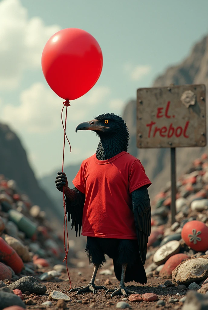 A black buzzard wearing a red T-shirt and holding a red ballon in a dump with a sign "EL TREBOL" on it