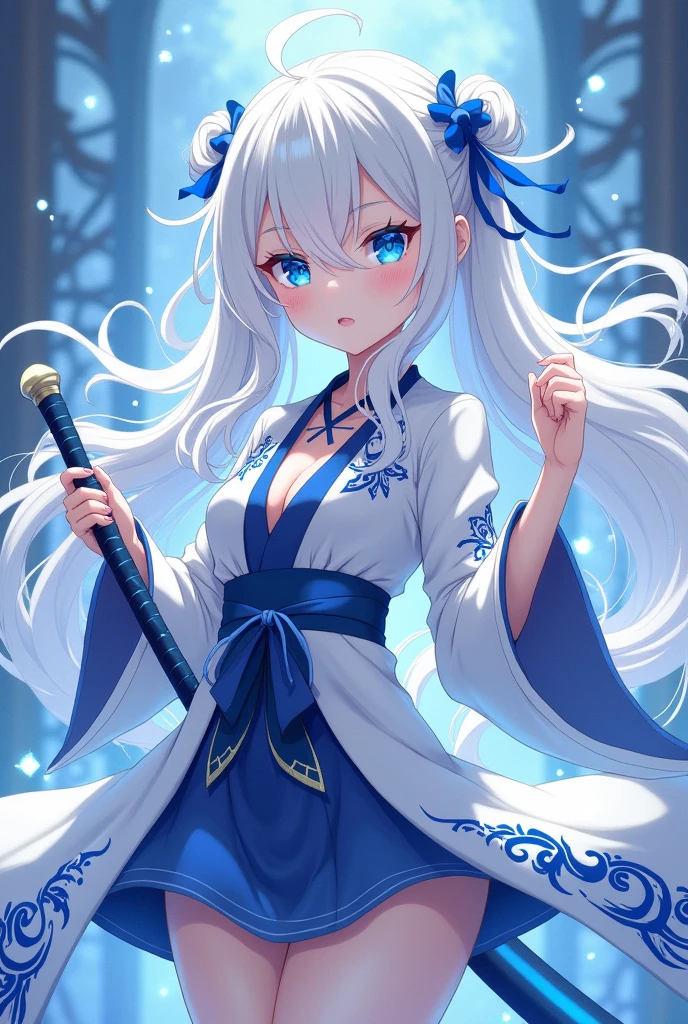 1 girl, Long hair, Lumpy breasts, White hair with midnight blue highlights;blue eyes, loop hair, a celestial katana, a white haori with blue details, delicate and feminine, It must look like a character from Kimetsu no Yaiba
