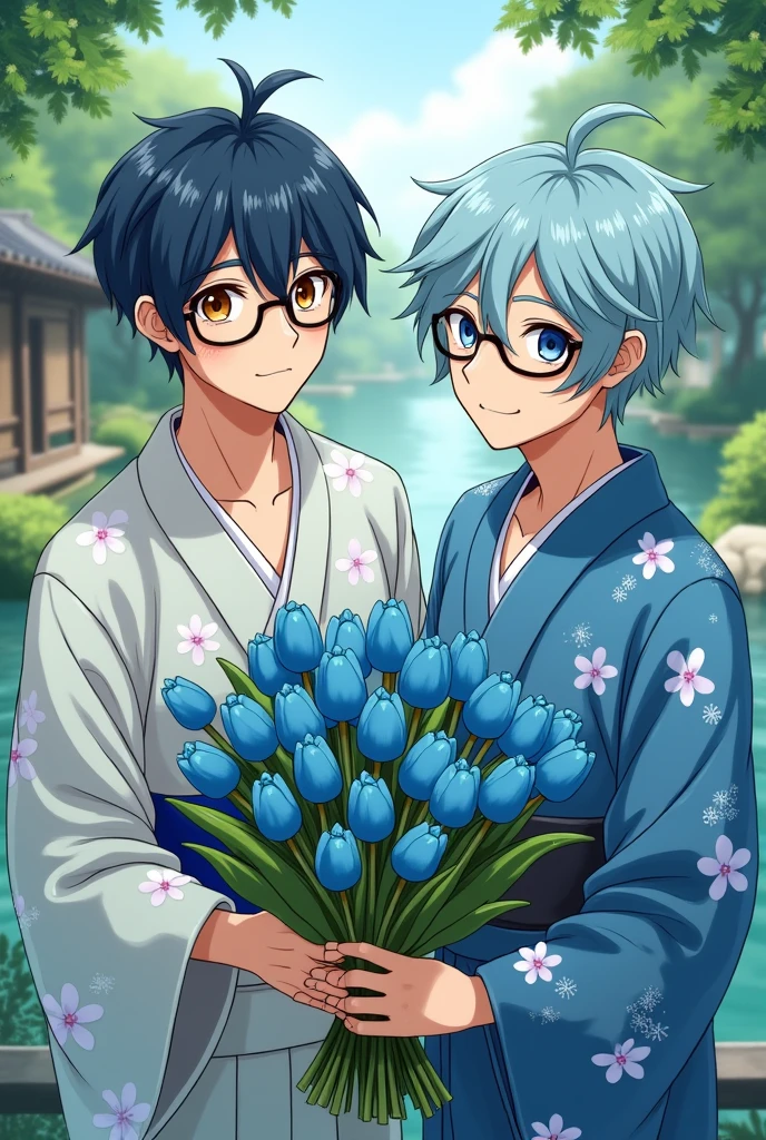 Create a gibli studio image of two men in yukata, One with navy blue hair and the other with light blue hair and holding a bouquet of blue tulips in his hand, that both have glasses and brown eyes, the background that is an environment in Japan