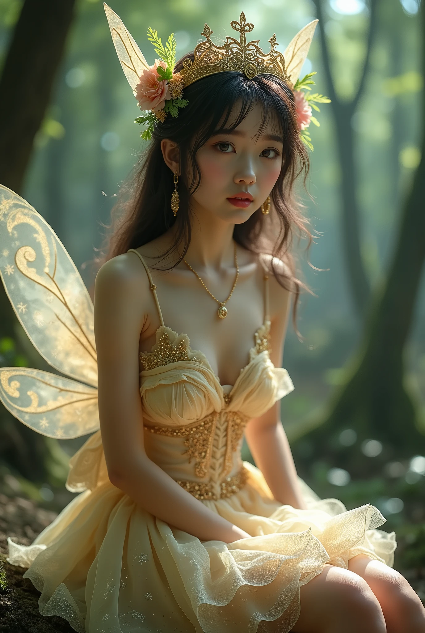 (masterpiece,best quality:1.4),(8k,raw photo,photo realistic:1.2),shiny skin,detailed skin,detailed face,detailed eyes,Detailed hands,Detailed Background、1girl,Japanese idol,(beautiful face),(Shining Eyes:1.1),、Ultimate Idol、Symmetrical eyes、、Great background、Great location、((Japanese,Tinker Bell costumes))、(Detailed and very cute,),Full body portrait,Shining,Mysterious Forest,Fairy,Sitting Woman,nswf,sexy Instagram style