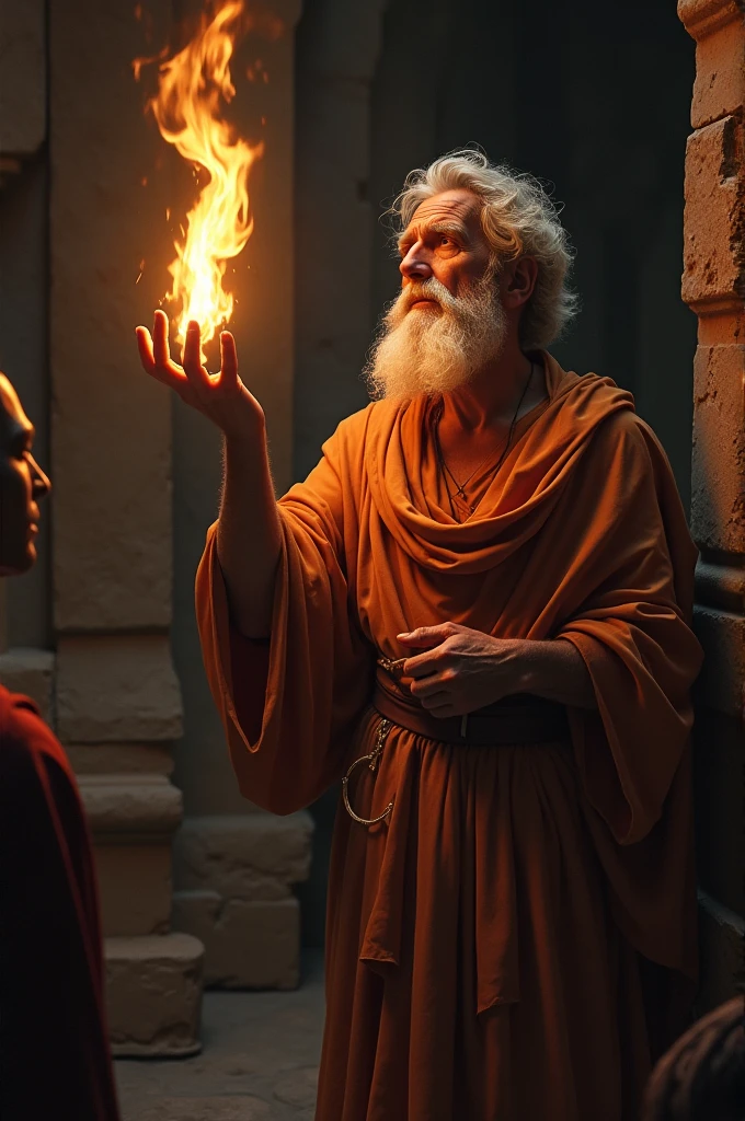 He creates Heraclitus with a flame in his hand, which he observes carefully while commenting with others.