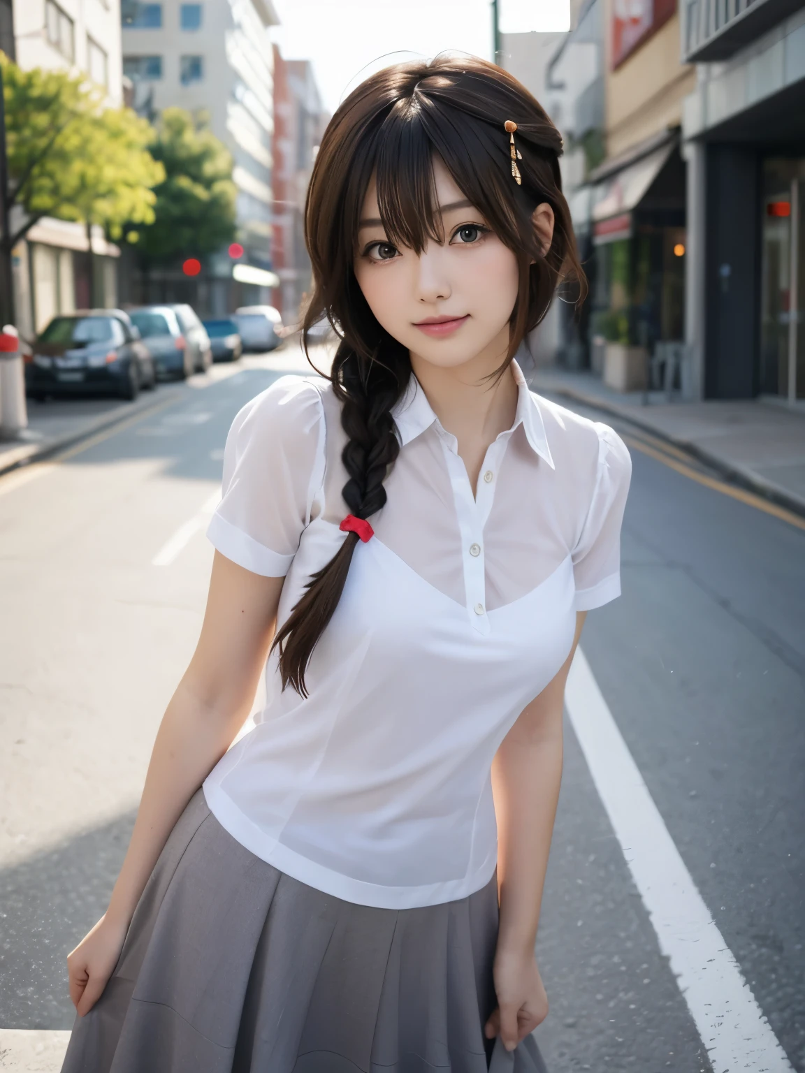 (8k, RAW Photos, Highest quality, High resolution:1.1), (Best image quality:1.35), High resolution, Realistic photos, (One Woman:1.33), Beautiful expression, (Detailed eyes:1.4), (Iris:1.4), (Detailed face:1.35), (Shiny Hair:1.4), 
BREAK the Beauty of Japan, cute girl, Pretty girl, Japanese girl,
BREAK (see-through silhouette:1.3),
BREAK white collared shirt, short sleeve, tiered skirt, Transparent nipples,
BREAK (Swayback stance:1.3), Petite, Lean Body, full Breasts, smile, 
BREAK 1girl, solold, shigure, (hairs between eyes:1.5), ((ahoge, single braid, hair ornament)), (hair flaps), hand ribbon, 
BREAK in the street,

