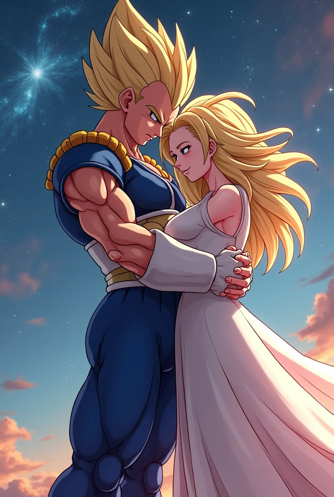 Saiyan Vegeta and Angel Vados hugging characters from Dragon Ball Super 