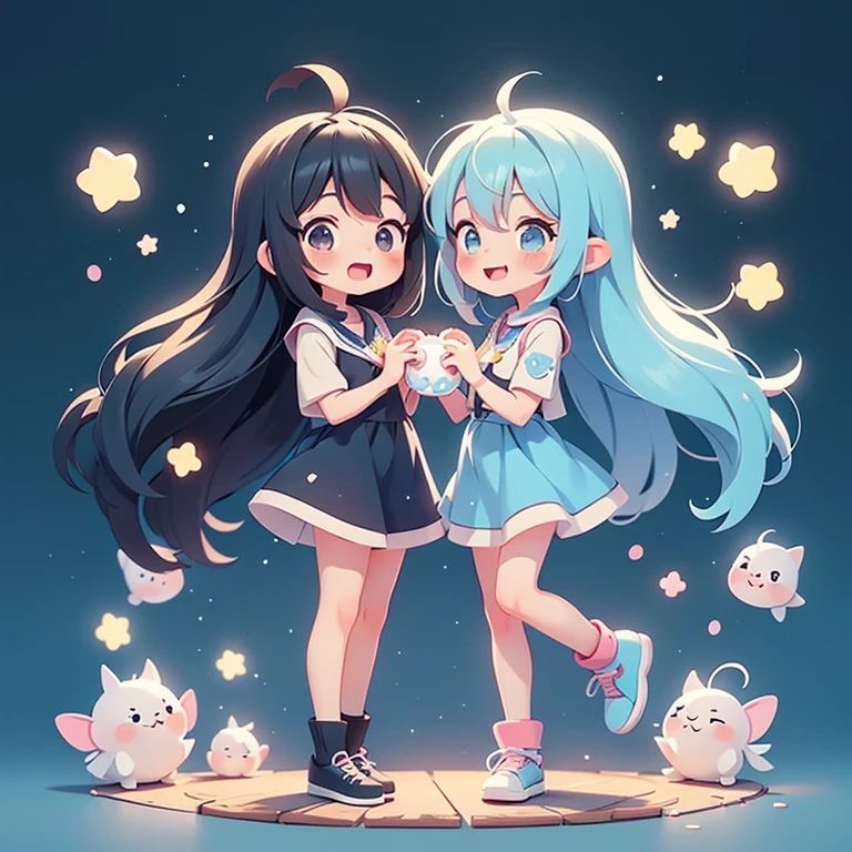 2 people、Happy atmosphere，Cute Style，Cute cartoon，round background，masterpiece　Fairy with long light blue hair　Black-haired college student　Cute Characters　 Anime Style　The whole body is visible　Charm　High resolution　delicate　
