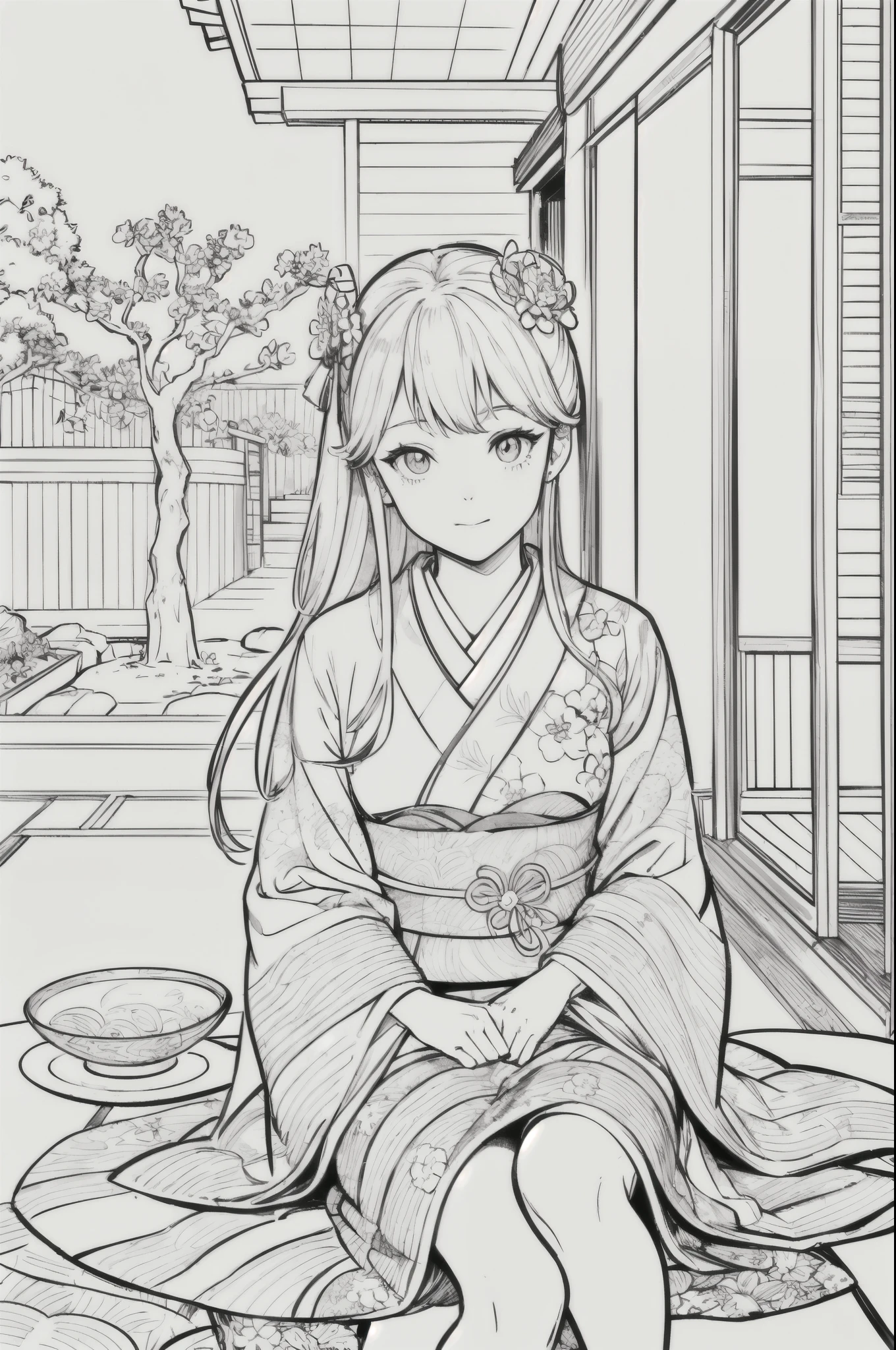 Masterpiece, top class, unique, cute, flowers, line drawing background, white background, monochrome, line drawing, ((sketch)), creepy, white eyes, create a monochrome coloring book that even adults can easily do, a realistic and cute ukiyo-e of a girl wearing a kimono, model pose, sitting on a veranda with a Japanese garden as the background, conveying Japanese culture.