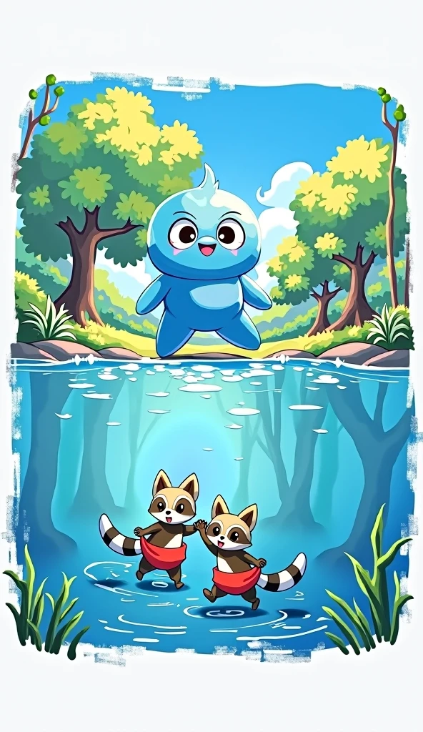 Pokémon Wooper and、Two raccoons in red loincloths walking together。
in the forest、sunny。