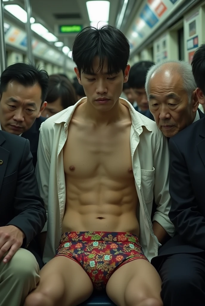 Real photo style、Realistic、Cute handsome man、Idol face、、Japanese、Slim body、Mash Hair、Torn and open shirt、Six-pack、A crowded train、Colorful thin boxer briefs、The old man next door puts his hand inside his briefs、Being touched all over the body、Old man grabs bulge in boxer briefs、The old man next to me touches my boxer briefs、Sad look
