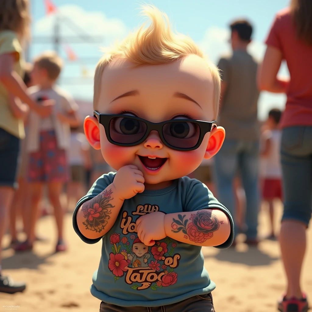 タトゥーシールを見せびらかすイケイケ赤ちゃん: "Illustrate a hyper-realistic image of a with chubby arms, wearing dark, wraparound sunglasses and rolling up its sleeve to proudly show off a temporary tattoo. The babydressed in a cool, graphic t-shirt, and the background is a trendy outdoor event with parents and kids, adding a touch of fun and rebellious spirit."