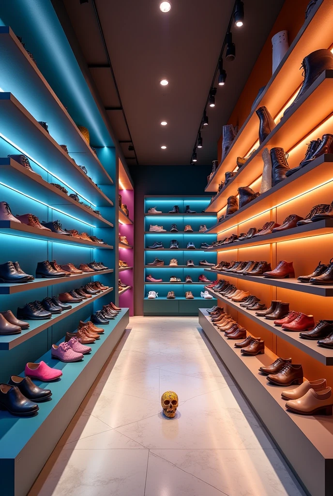 Slogan or logo for a shoe store, where the space for men is clean and the varieties of women's shoes can be seen, knight and children, with the types of repair of the same, where shoes are displayed in shades of blue, grises, purples, oranges and somewhere on the shelf there is a small colored skull