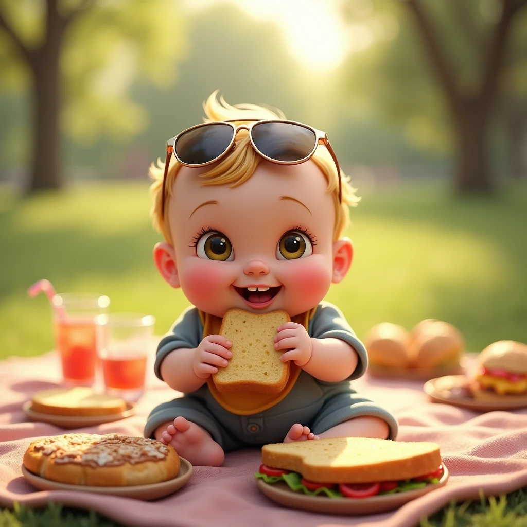 ピクニックでサンドイッチを食べているイケイケ赤ちゃん: "A detailed and realistic close-up of a baby wearing tiny aviator sunglasses, happily munching on a sandwich during a picnic. The baby is dressed in a casual, comfortable outfit with a bib, and the background is a sunny park with a picnic blanket and food spread out, creating a warm and inviting scene."