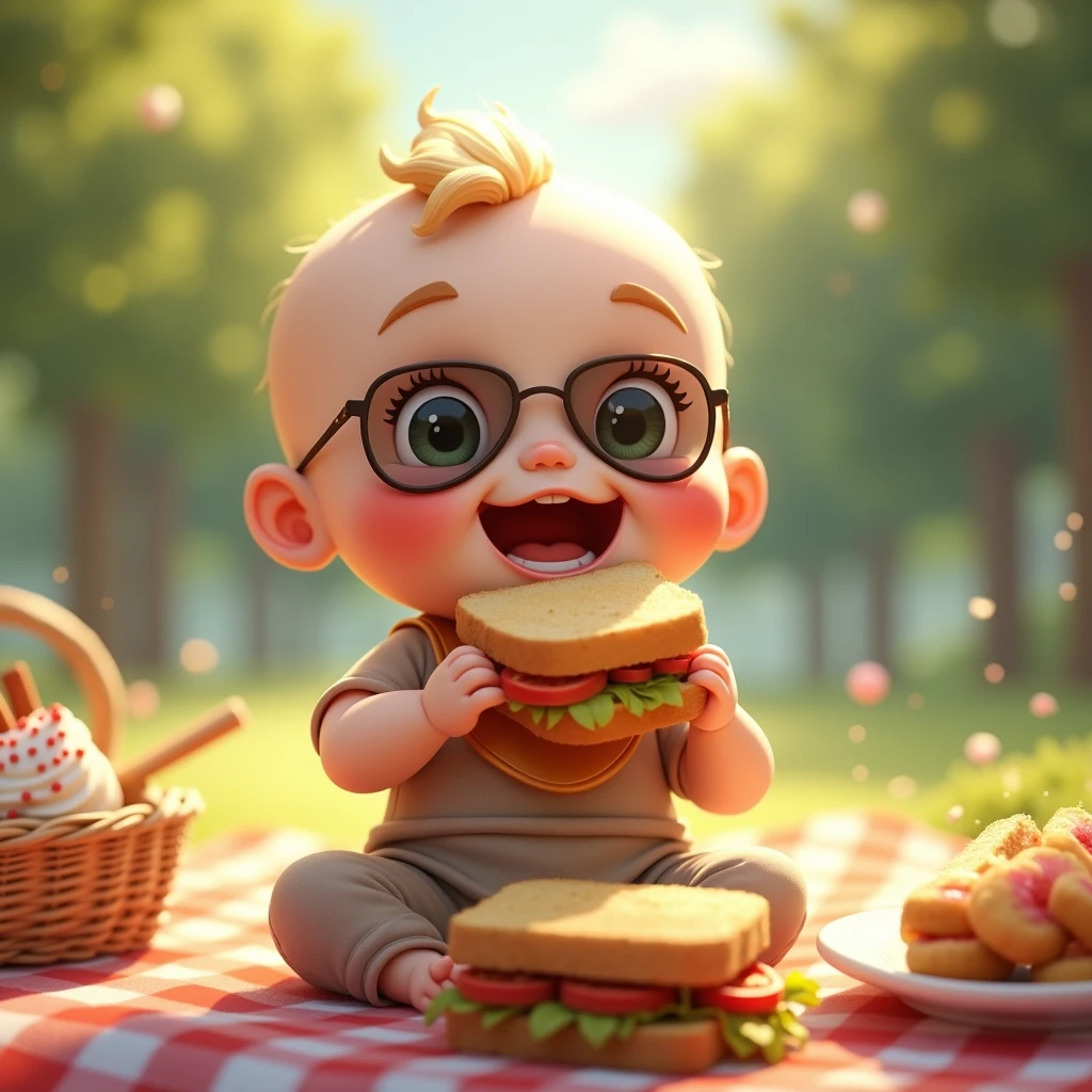 ピクニックでサンドイッチを食べているイケイケ赤ちゃん: "A detailed and realistic close-up of a baby wearing tiny aviator sunglasses, happily munching on a sandwich during a picnic. The baby is dressed in a casual, comfortable outfit with a bib, and the background is a sunny park with a picnic blanket and food spread out, creating a warm and inviting scene."