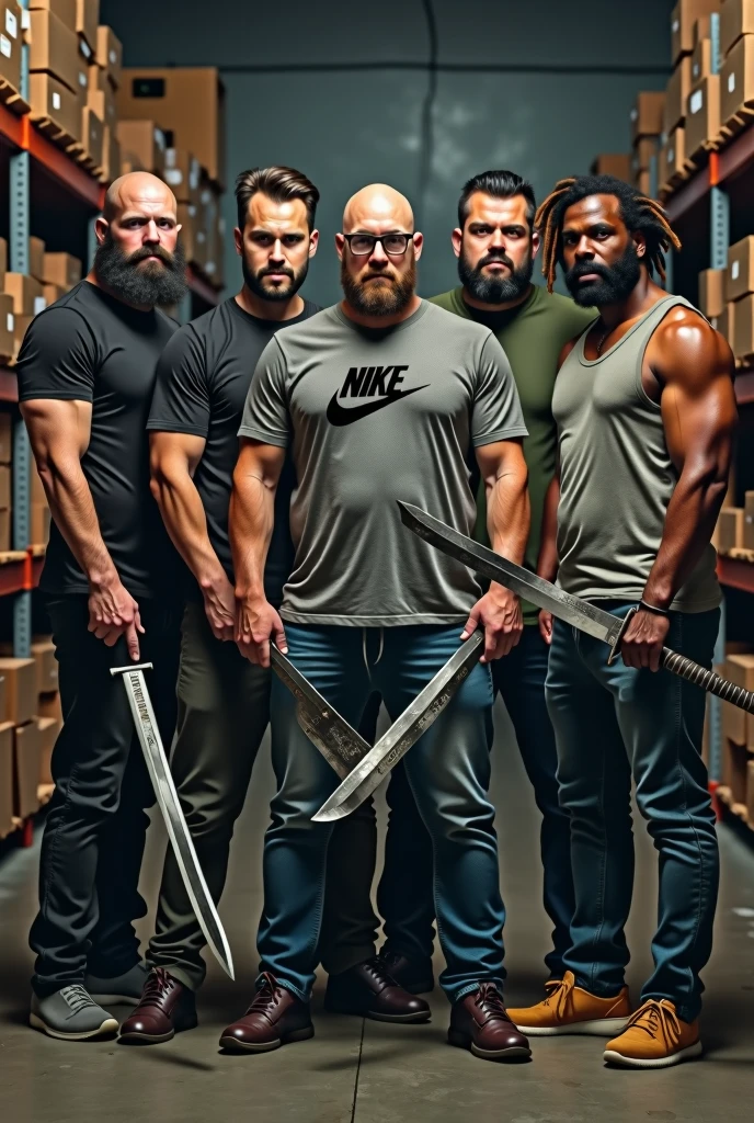 Four white men and one mulatto looking at the camera holding bladed weapons described below for each one ,being 1 bearded bald man with a cleaver, second with glasses beard and nike shirt with katana, third a tall bald white man without a beard with a viking body with a guts sword ,the fourth a chubby guy with hair and beard with a fishbone, fifth with strong nudreds hair and with sword, in the background of the image shelves and stock boxes