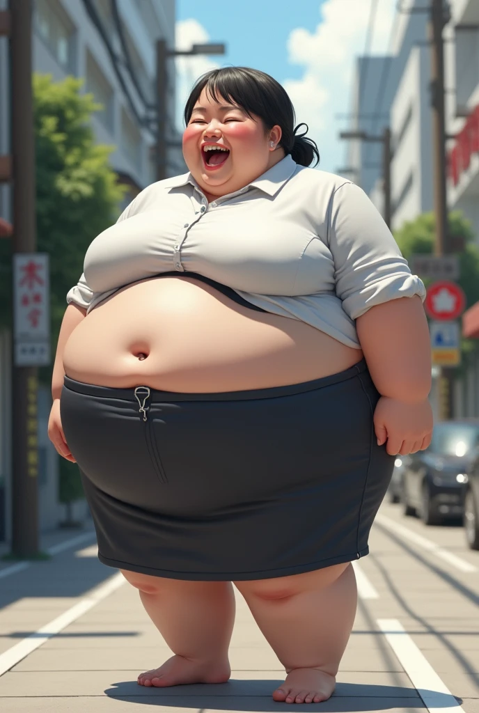 realistic depiction、Super obese Japanese woman、super obese、super big breasts、Weight 300kg、very fat woman、Fat woman in white collar shirt、black bra、japanese women、laughter、Tight Skirt、outdoor、Chibi、little woman、He is only 145cm tall、Short leg