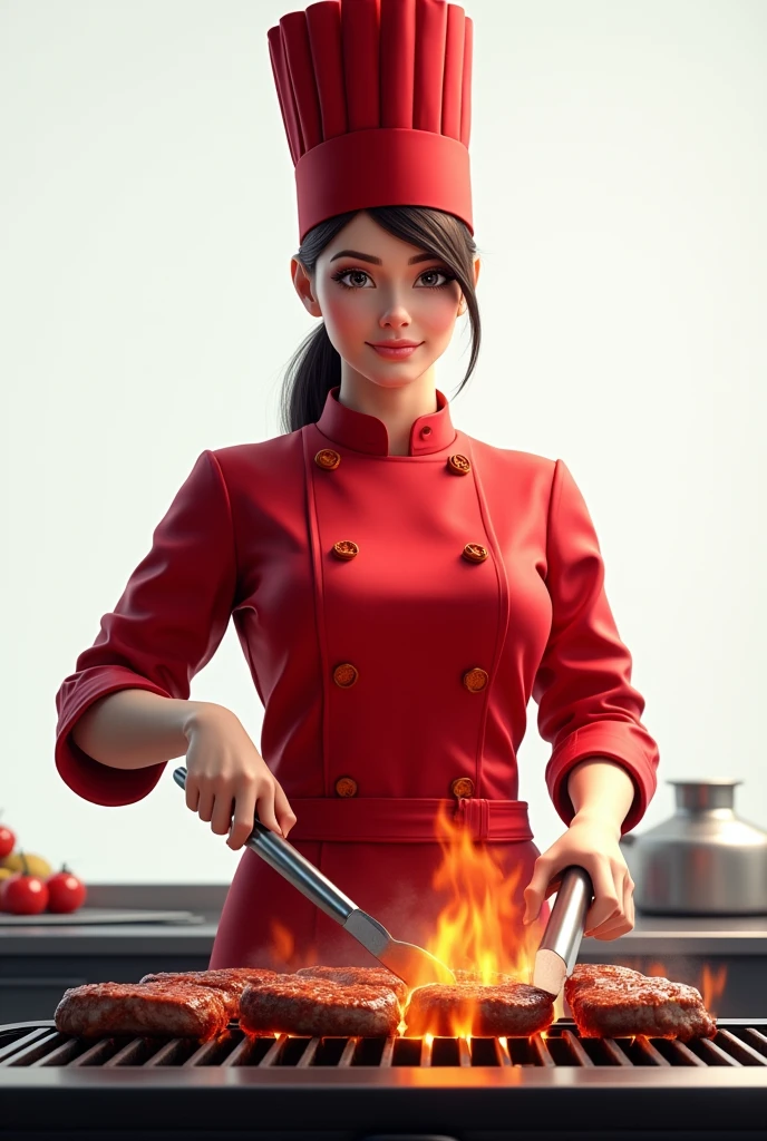 Please make a realistic female chef who is grilling meat. She is wearing a red chef uniform and chef hat,Background is white