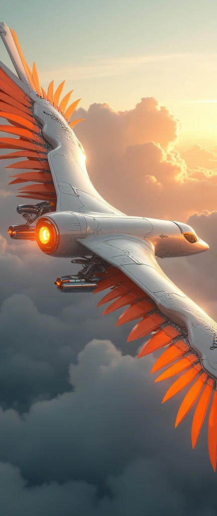 a phoenix airplane macha from white metal, soaring on the sky, metal reflection body, cinematic lighting, spreading the wings and gliding, gliding pose, glowing orange eyes, glowing steel orange wings, glowing steel orange tails, iron claw, bright color, morning glory cloud background, highly detailed, futurism, sci-fi theme