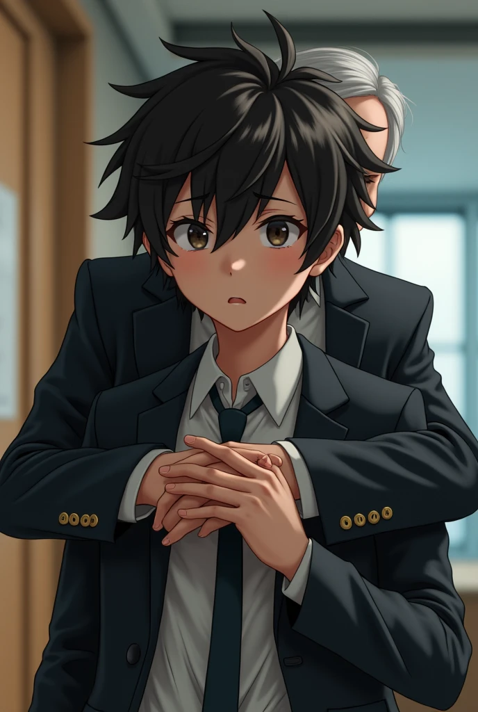 Real photo style、Realistic、Cute handsome man、Idol face、、Japanese、Slim body、Mash Hair、Completely naked、Full nudity、I was hugged from behind by an old man in a suit.、Inside the office、Embarrassed look