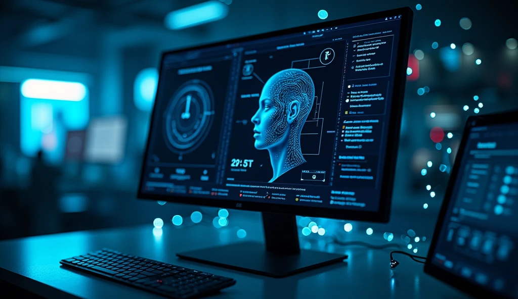 a futuristic digital computer interface, sophisticated ai system, a computer monitor displaying facial recognition, voice playback, dark blue and black background, blue glowing lights representing rapidly passing time, blue electrical sparks, advanced technology, cutting-edge digital technology, high-tech, sleek, minimalist, cinematic, dramatic lighting, moody, atmospheric