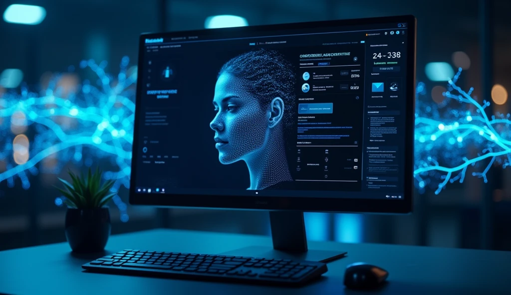 a futuristic digital computer interface, sophisticated ai system, a computer monitor displaying facial recognition, voice playback, dark blue and black background, blue glowing lights representing rapidly passing time, blue electrical sparks, advanced technology, cutting-edge digital technology, high-tech, sleek, minimalist, cinematic, dramatic lighting, moody, atmospheric