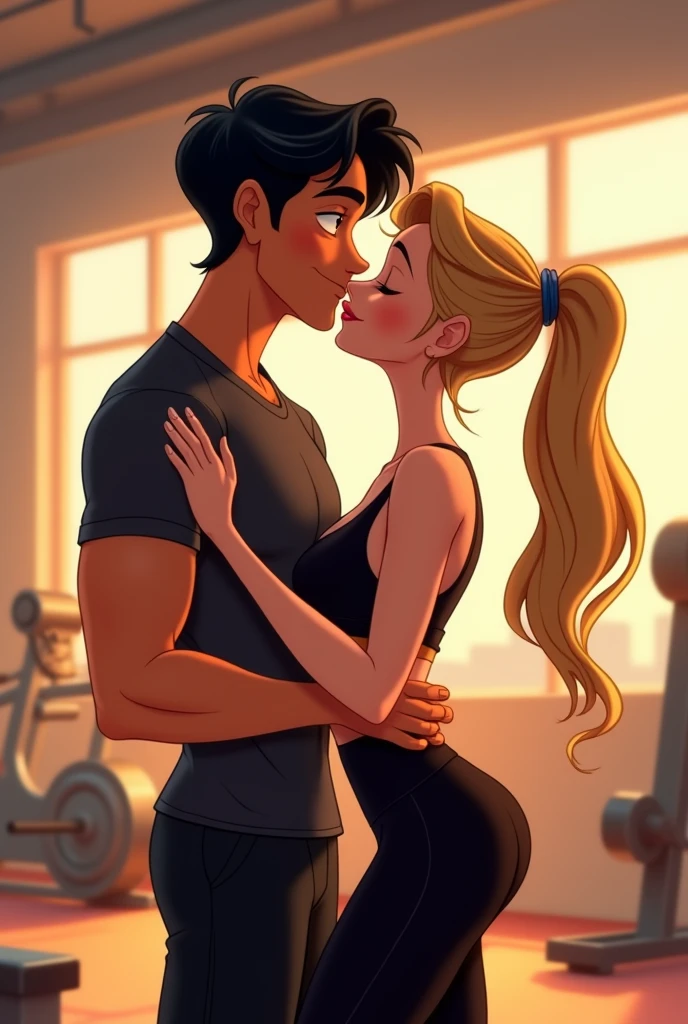 create disney pixar cartoon style image of a blonde lying in bed,and he admired her standing beside the bed , she in red thong panties with her big breasts on display,hair blonde, green eyes and black glasses,she with beautiful body, he is shirtless, has a medium-sized belly, only wearing black underwear, messy black hair and a black beard
