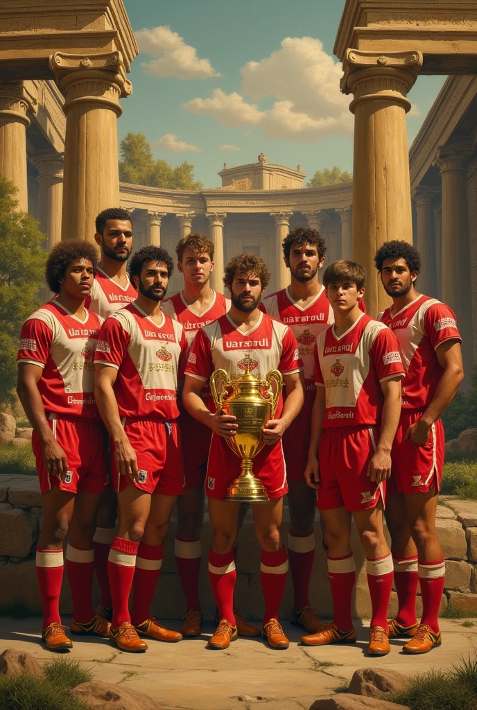 Please create a Renaissance style picture of PSV Eindhoven’s 1987/88 treble (UEFA Champions League, Eredivisie and KNVB Cup) with ancient Greek setting. Use techniques such as chiaroscuro and warm color palette.