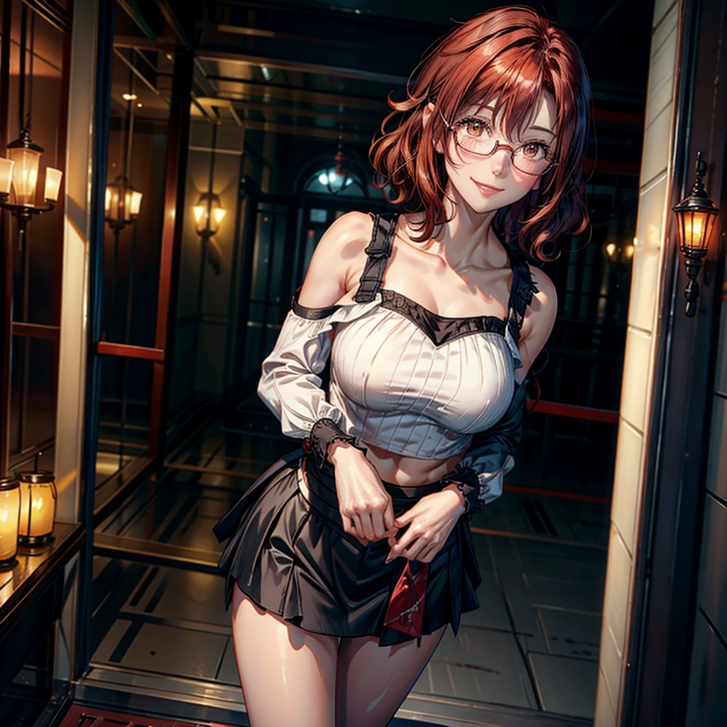 1girl, solo, masterpiece, best quality, high res, highly detailed, illustration, game cg, beatiful detailed eyes, yuigahama yui, single hair bun, glossy lips, light makeup, blush, hostess club, halter top dress, lace panties, looking at viewer, glasses
