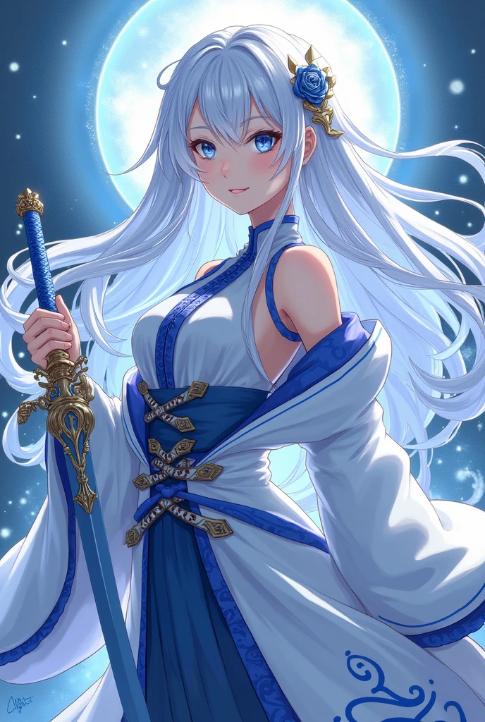 1 adult girl ,Long hair, Lumpy breasts, White hair with midnight blue highlights;blue eyes, loop hair, a celestial katana, a white haori with blue details, delicate and feminine, It must look like a character from Kimetsu no Yaiba