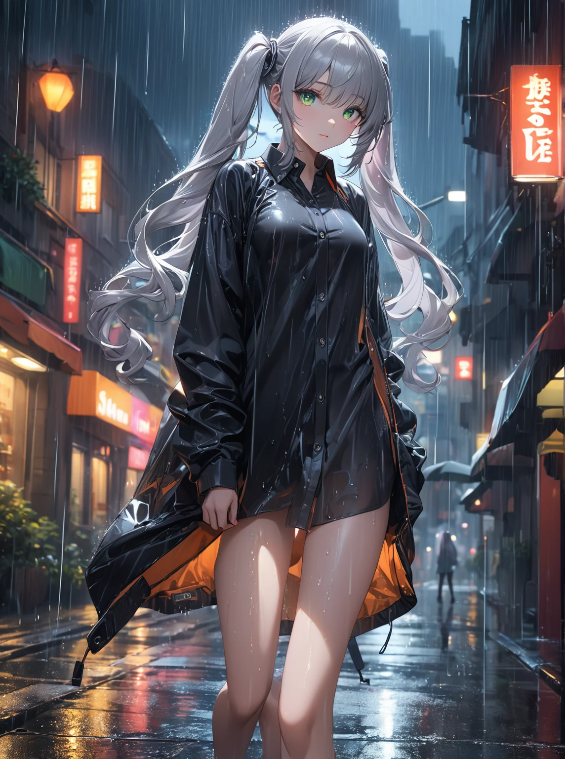 Ultra high resolution, rich colors, perfect image, best quality, detailed image, beautiful single woman, glowing skin, skin and clothing texture, delicate eyes, rain, street, long shirt, bare feet, silver hair twin tails, green eyes