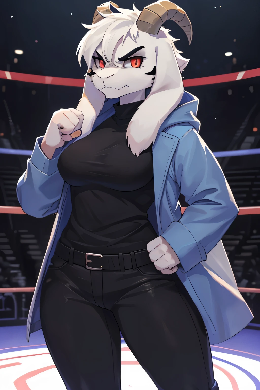 woman, adult, alone, in an arena, hairy, goat, anthropomorphic goat, Asriel, Undertale ((Asriel Dreemurr)), average breasts, big ass, average hips, perfect body, tall, ((long hair, long white hair ), black eyes ((black sclerae), reddish pupils, ((slit-shaped pupils)), anthropomorphic face, cartoon, angry, Eskimo coat ((blue coat, no drawing, Eskimo coat)), paw metacarpal, black blouse ((black shirt, black pants)), goat's tail, short horns, white horns ((droopy ears, big ears)), black markings on the body (God of Hyperdeath), looking at the viewer, paw goat, anthropomorphic paw, battle stance, combat pose, closed fists, details on the paws, detailed, best quality, best detail, details and quality.