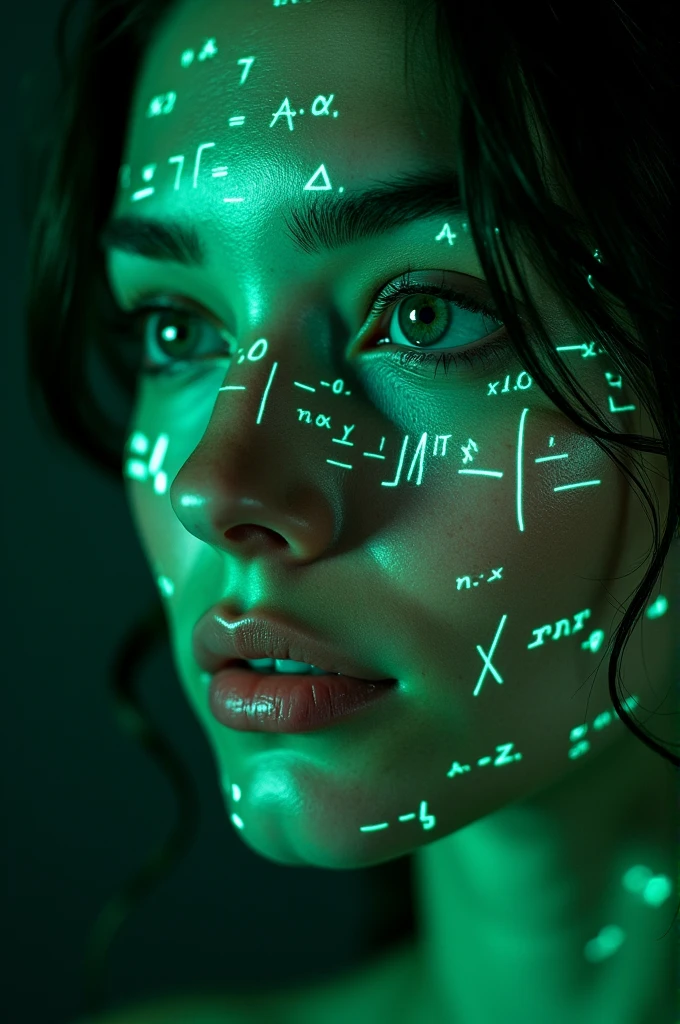 Close up of woman's face, Glowing green holographic equation projected onto skin. Strong gaze, Realistic features. Dark background, Cyberpunk aesthetics. Glowing math formulas, Handwriting style. Futuristic, High-tech atmosphere. Photorealistic rendering, Dramatic Lighting, In sharp contrast