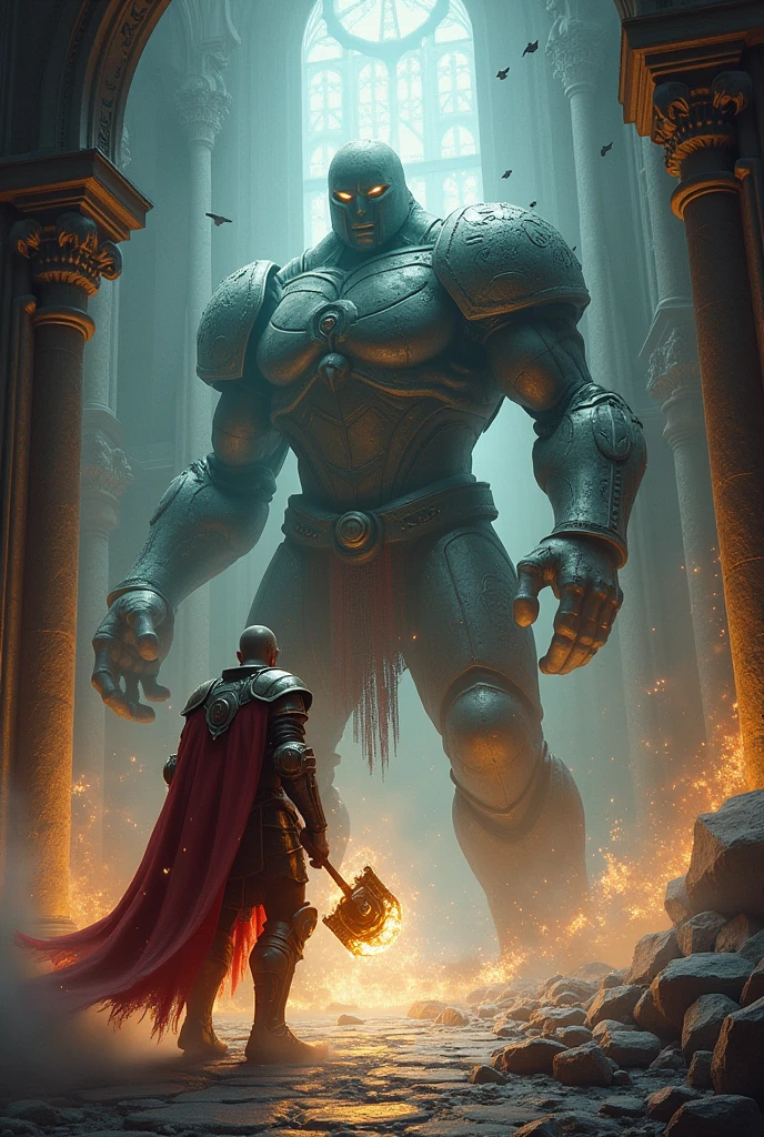 Crusader Paladin vs. Cursed Golem: A holy crusader paladin, adorned in radiant armor and wielding a blessed mace, clashes with a massive, cursed golem covered in runic symbols and dark energy. The setting is an ancient, ruined cathedral with eerie, flickering lights.