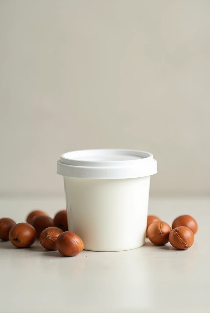 Greek yogurt container with lid on top with hazelnuts