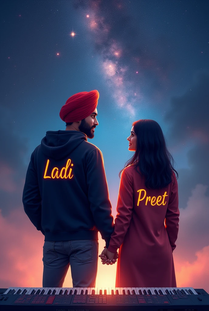A20years punjabi boy sir pe lal coolar ki turban pero me jute black coolar ke or hoodie pehan ke rakhi ho or hoodie pe name likha ho Ladi ek pass me punjabi girl khadi ho hath pakad kr  backgruand Aajuba  kbord pe name likha ho ,Ladi and or the name of two people is written in the back of the bod.in Ladi and Preet, me bethe ho dono girl and boy Night wattar starreal stic,,
