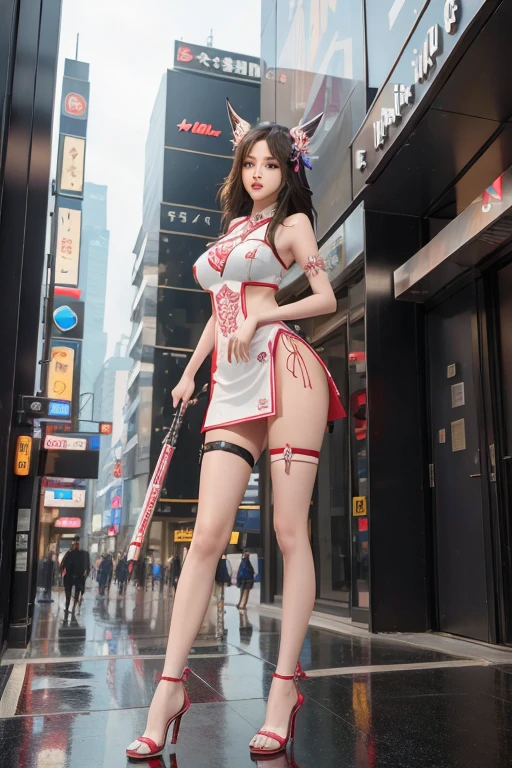 ((Highest quality)), ((masterpiece)), (detailed), hyper detailed, 8k, female, japanese, miko, in the city, cyberpunk, Realism, full body shot