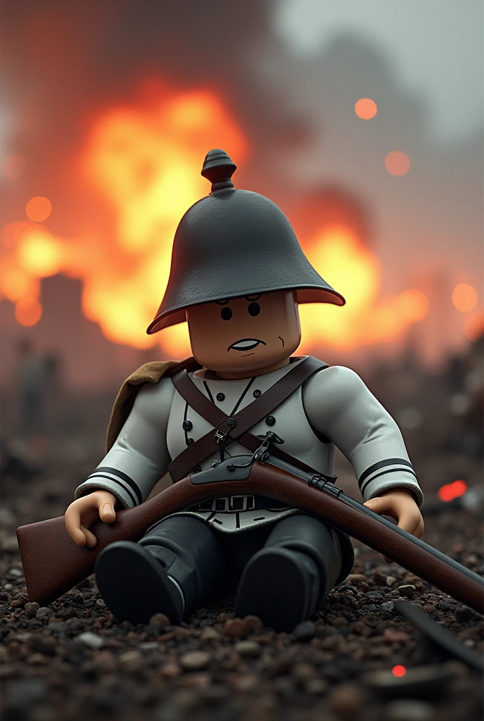 A roblox character in a napoleonic wars wearing white soldier uniform in a 1800s infantry "Shako headgear", sitting down with his musket rifle, exhausted and tired fighting, realistic fear expression with a very dark forehead shadow in a side face while the background Is total explosive war