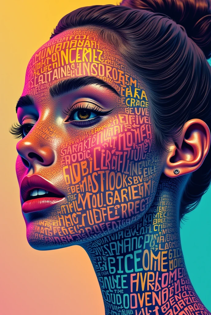 [Core Concept]
A visually striking typography poster that features a woman's face composed of colorful text.

[Character Description]
The woman's facial features are formed by the arrangement of the text, creating a captivating and expressive portrait.

[Environment/Background]
The background is set against a vibrant, multicolored palette, adding a dynamic and eye-catching element to the design.

[Style and Atmosphere]
The overall aesthetic is modern, bold, and artistic, with a playful and visually engaging composition.

[Composition]
The text is expertly arranged to flow and curve in a way that seamlessly integrates with the woman's facial structure, creating a harmonious and visually compelling piece.

[Details and Embellishments]
The individual letters and words are rendered in a variety of colors, textures, and styles, adding depth and visual interest to the typography-based portrait.

[Technical Specifications]
This digital artwork would be suitable for high-quality printing as a poster, with a resolution and file format suitable for professional printing.