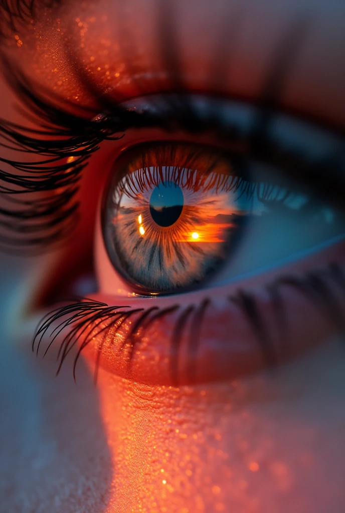 (GENERATE A WOMAN'S SARC EYE, LET A VERY BEAUTIFUL SUNSET BE REFLECTED IN YOUR EYE, that the image is of high quality)