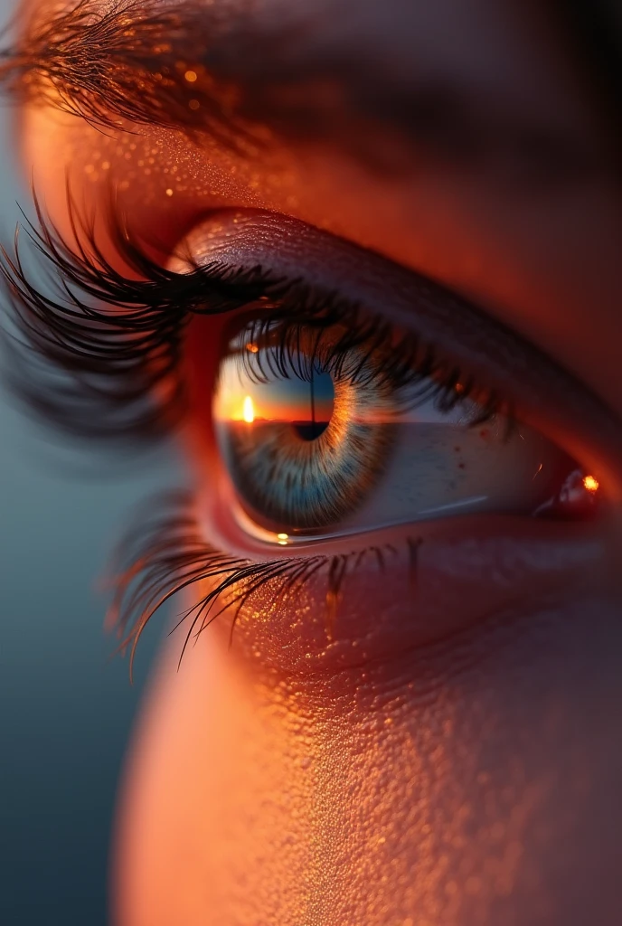 (GENERATE A WOMAN&#39;S SARC EYE, LET A VERY BEAUTIFUL SUNSET BE REFLECTED IN YOUR EYE, that the image is of high quality)