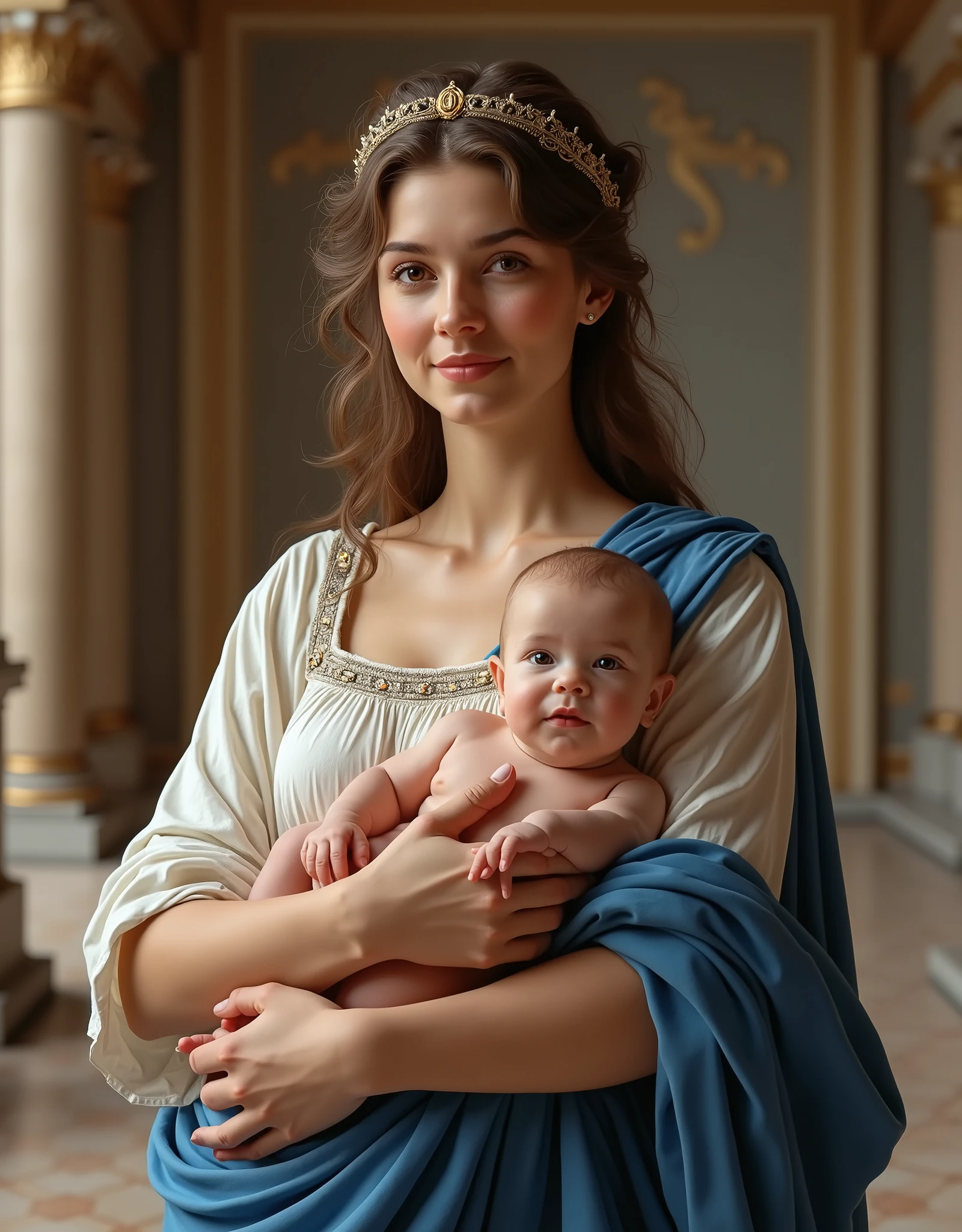 close up baby, Front view, Full body, on floor , standing pose, on floor , Roman palace, standing pose, AD 3 century, wife of Constantius Chloros, Her is name Helena , hold babe at wrapped shirt , woman is 27 old-age , Serbian girl, (Light Brown Hair, middle hair ,brown eyes, Beautiful Lips, Small lips, little smile, tiara) ,(middle Breasts, middle Hips) ,(wearing White an ancient Roman imperial elegant tunic:1.3), (Blue elegant Toga, fasten gold button :1.3), ((leather Sandal)), noon, (Textured skin , HI Detail Skin, Shorthand, Canon, 8k, Anatomically correct, Super Detail, Attention to detail, Your Highness)