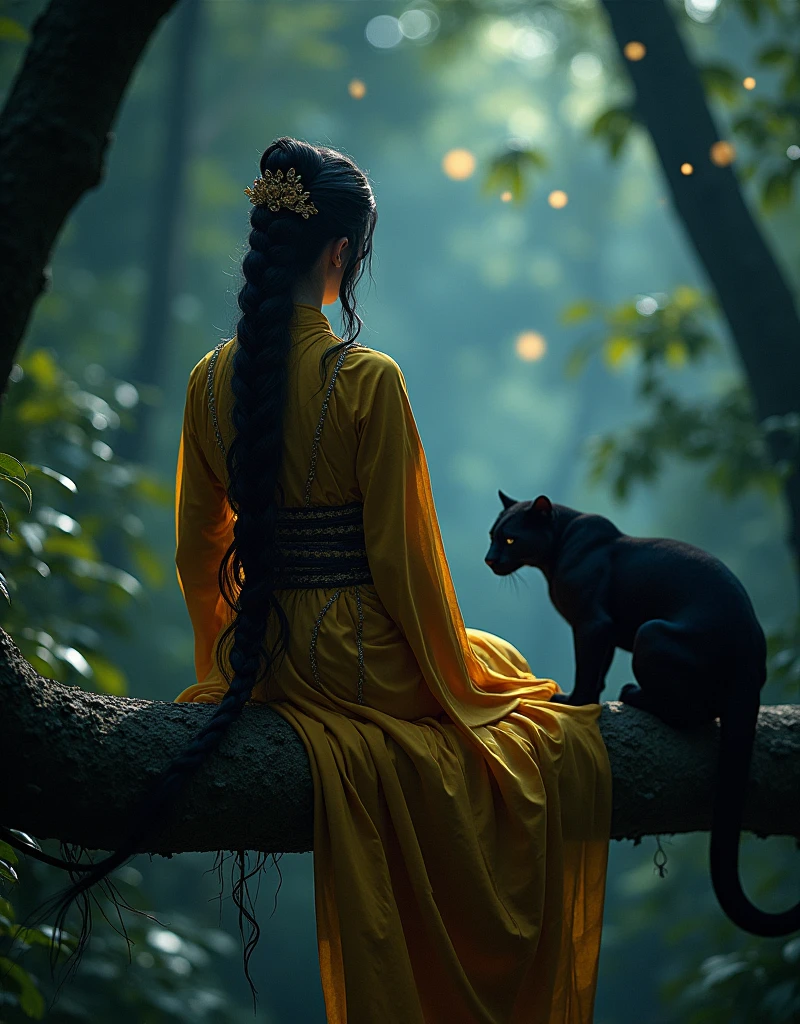 Under the cloak of night,，Mysterious scene unfolds。A beautiful 2 female warrior，Manners are elegant，Sitting gracefully on a branch，Surrounded by dense tropical forests，Weird atmosphere。Carefully braided hair cascades down like a golden waterfall。Her magnificent robe, embellished with tiger stripes, shimmered in the soft glow of the magical fireflies that fluttered around her.。Beside her，A sleek black panther blends into the darkness，Its presence is subtle and majestic。The camera captures a long shot，Showing her full body against a surreal background。A symphony of dark colors and dramatic lighting creates a visual masterpiece，Reminiscent of the cinematic style of Zhang Jingna&#39;s photography。Unreal Engine 5 brings this surreal scene to life in 8k resolution，Every detail has been carefully crafted，To achieve maximum visual impact。