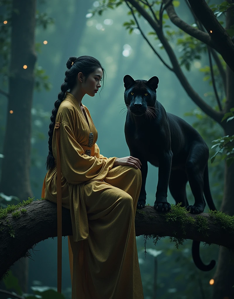 Under the cloak of night,,Mysterious scene unfolds。A beautiful 2 female warrior,Manners are elegant,Sitting gracefully on a branch,Surrounded by dense tropical forests,Weird atmosphere。Carefully braided hair cascades down like a golden waterfall。Her magnificent robe, embellished with tiger stripes, shimmered in the soft glow of the magical fireflies that fluttered around her.。Beside her,A sleek black panther blends into the darkness,Its presence is subtle and majestic。The camera captures a long shot,Showing her full body against a surreal background。A symphony of dark colors and dramatic lighting creates a visual masterpiece,Reminiscent of the cinematic style of Zhang Jingna's photography。Unreal Engine 5 brings this surreal scene to life in 8k resolution,Every detail has been carefully crafted,To achieve maximum visual impact。