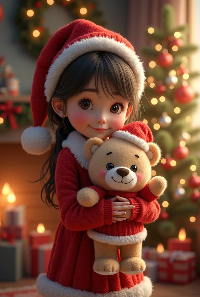 Stuffed teddy bear, teddy bear wearing Christmas clothes, girl holding and smiling at teddy bear, Christmas decorations in the room