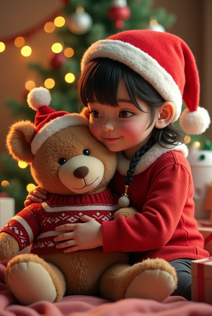 Stuffed teddy bear, teddy bear wearing Christmas clothes, girl holding and smiling at teddy bear, Christmas decorations in the room
