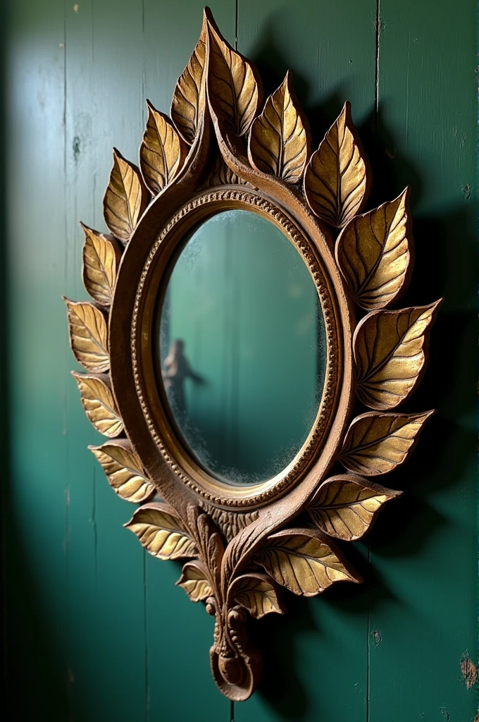 Antique magic mirror in the shape of a tree leaf
