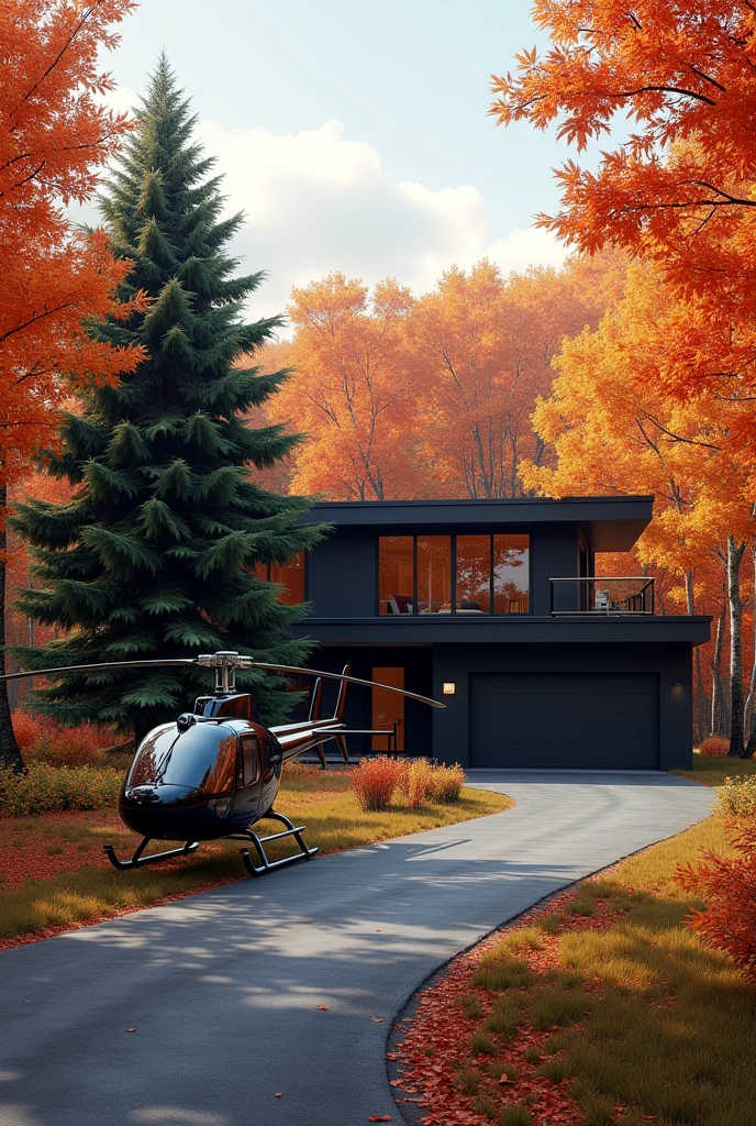 create a realistic image of a maple forest in autumn. in the center there is a modern two-story house. There is a garage for a car attached to the right.. There is an asphalt road adjacent to the house.. There is a black Robinson R66 helicopter in front of the house..  There is a large tree growing in front of the house, beautiful, green spruce.
