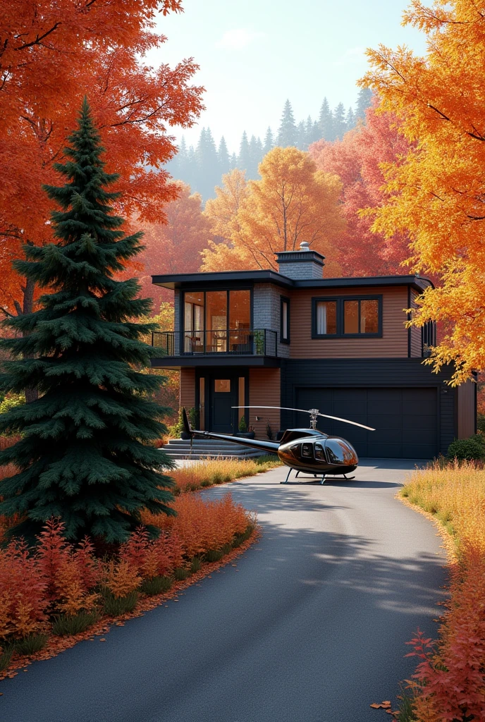 create a realistic image of a maple forest in autumn. in the center there is a modern two-story house. There is a garage for a car attached to the right.. There is an asphalt road adjacent to the house.. There is a black Robinson R66 helicopter in front of the house..  There is a large tree growing in front of the house, beautiful, green spruce.
