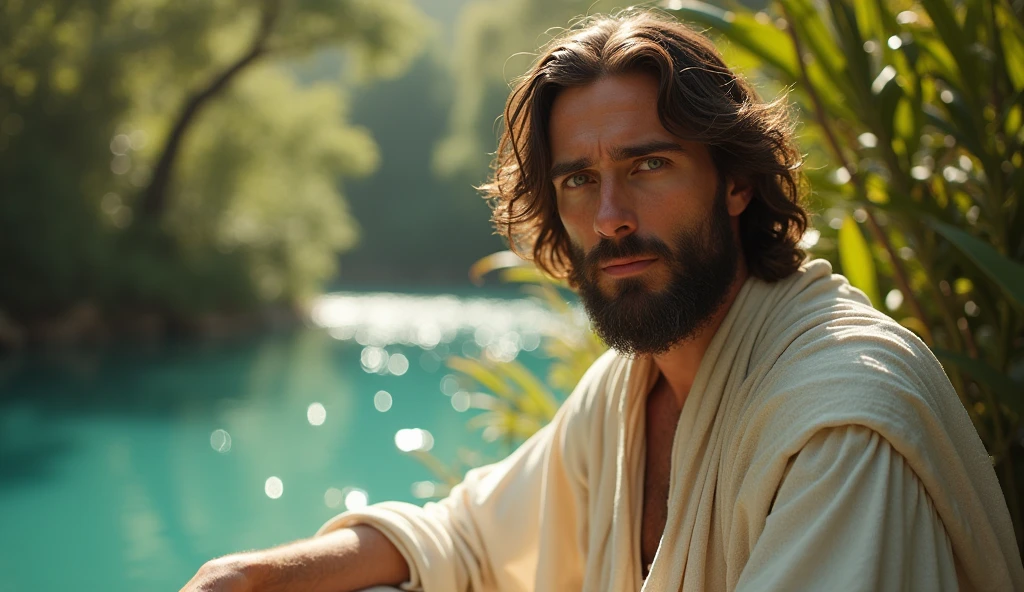 Descreva uma imagem de Jesus Christ sitting at a crystal clear blue river in the enchanting garden of Eden with Adam. Adam is in his 20s, short curl light brown 7" hair, green eyes. Jesus is in his mid 30s, light blue eyes, wavy 14" dark brown hair, very handsome, emanating a divine aura and looking directly into the camera with a penetrating and compassionate gaze. The scene around him radiates a sense of serenity and transcendence, com cores suaves e uma atmosfera celestial. Highlight the details of the expression on your face, the sparkle in your eyes and the sense of peace and grace that your presence radiates in this sacred moment, 32K UHD, Style Raw, Afternoon sun, warm tone, cinematic